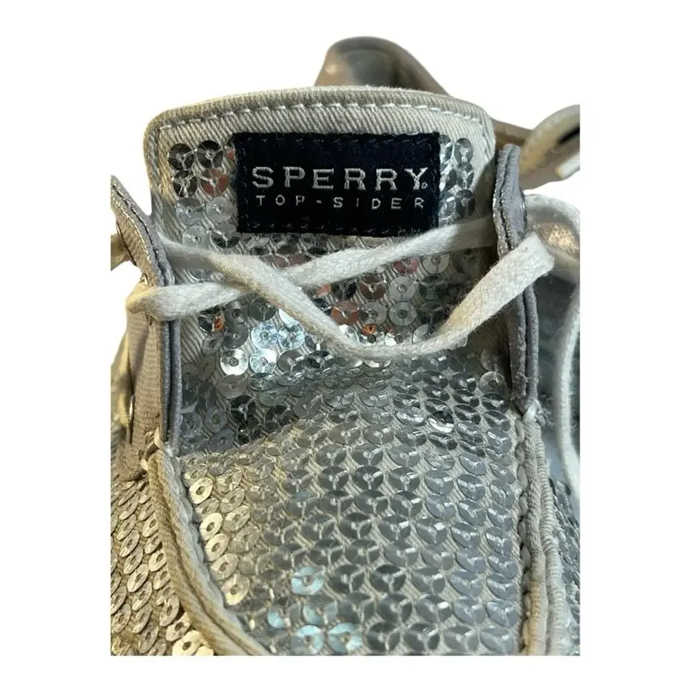 SPERRY TOP SIDERS Silver Sequin and Ivory or beige SZ 7.5